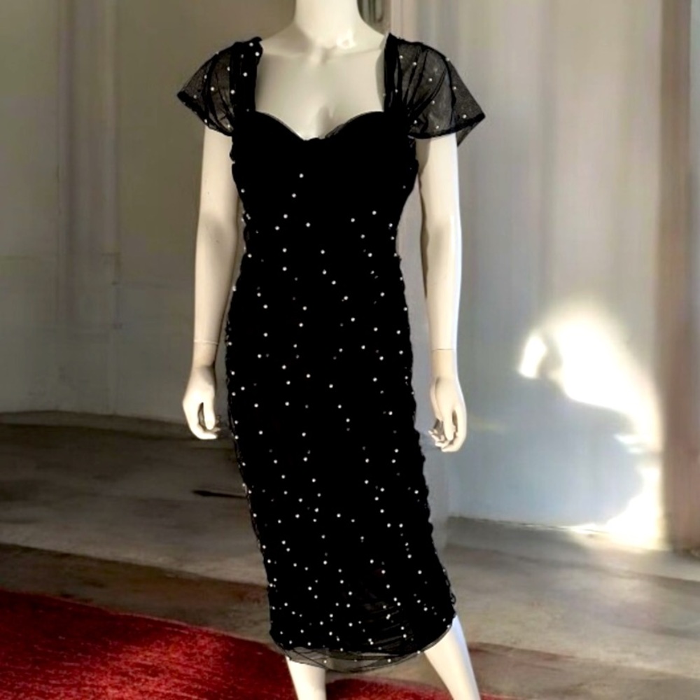 Elegant bustier Black Pearl Beaded Dress with mesh overlay